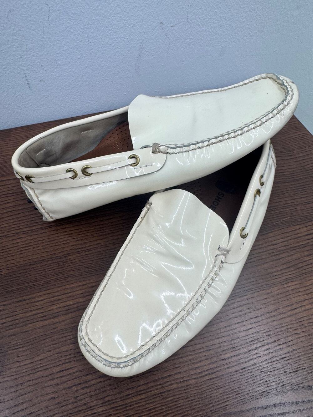 The Original Car Shoe Prada ivory Patent Leather Driving Loafers 37 EU